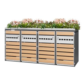 STILVORA Armario Para Cubos De Basura Con 4 Compartimentos Con Cerradura Y Jardinera, Puertas Ventiladas De Acero Gris Madera