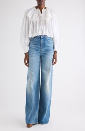 Chlo&eacute; Lace Trim Cotton Pullover Shirt in Iconic Milk at Nordstrom, Size 14 Us