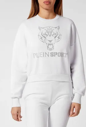 Plein Sport Felpa girocollo in jersey con spalle scese e logo glitter