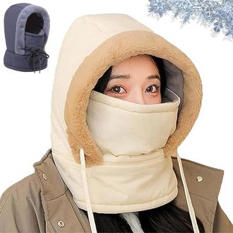 Generic Plush-Lined Thickened Thermal Hat with Face Mask for Men & Women, 3-in-1 Windproof Warm Hood, Unisex Ski Fleece Winter Cold Protection (White)