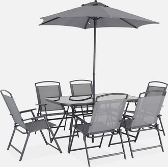 Sweeek Conjunto Mesa De Jard&iacute;n De Acero Con 6 Sillas Y 1 Sombrilla