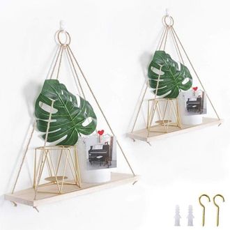 OEM Juego De 2 Estantes Colgantes R&uacute;sticos Hechos De Madera Reciclada Con Cuerda Y Ganchos - Crezuo
