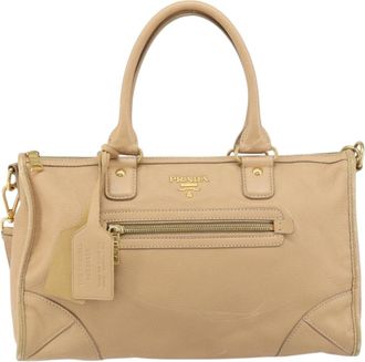 Prada Front Zip Convertible Satchel Cervo Leather Beige Leather Handbag (Pre-Owned)