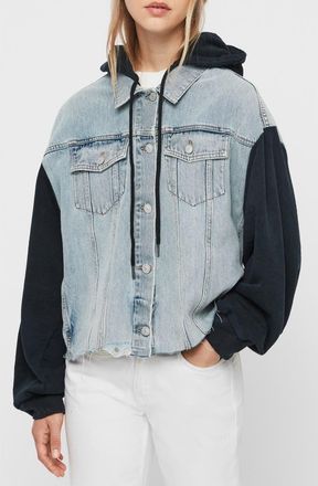 AllSaints Milena Mixed Media Hooded Denim Jacket in Indigo Blue at Nordstrom Rack, Size Medium/large