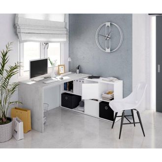 Dmora Escritorio Dmorlup, Escritorio Reversible Multiposici&oacute;n, Mesa De Estudio U Oficina Para Pc Con Estante, 136x139h74 Cm, Blanco Y Cemento - Dmora