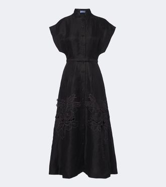 LEO LIN Aubrey floral-appliqu&eacute; linen-blend midi dress