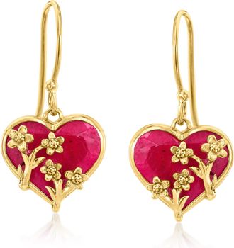 Ross-Simons Ruby Heart and Floral Drop Earrings in 18kt Gold Over Sterling