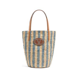 Valentino Garavani Natural/Blue VLogo Signature Large Tote