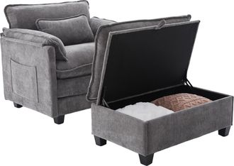 STILVORA Sill&oacute;n De Lectura Ancho Con Reposapi&eacute;s Con Arc&oacute;n Y Coj&iacute;n, Bolsillos Laterales, Estructura Estable En Chenilla Gris