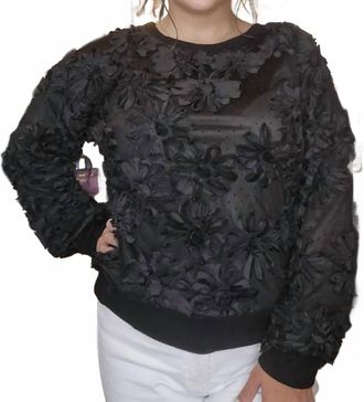 Papillon 3D Floral Knit Sweater W/ Rib Trim In Black