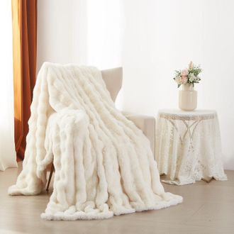 OEM Manta Polar De 120x200 Cm, Imitaci&oacute;n De Piel De Conejo, Textura De Burbujas Supersuave, Color Blanco Crema
