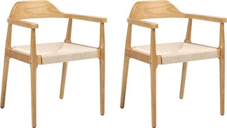 Beliani Conjunto De 2 Sillas De Comedor Estructura De Madera De Caucho Asiento De Cuerda De Papel Comedor Estilo Retro Marr&oacute;n Claro Y Beige Oakdale