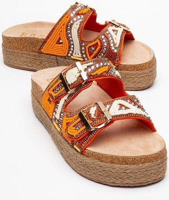 Prologue Bobby Beaded Straw Platform Slide Sandaal