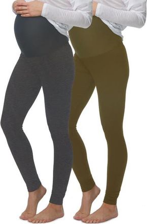 Felina Velvety Soft Maternity Leggings 2 Pack in Charcoal Dark Olive at Nordstrom, Size Xx-Large