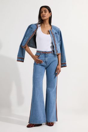 Karen Millen Womens Petite Denim & Faux Leather Tipped Side Skinny Flare Jean - Light Blue Cotton - Size 16 UK