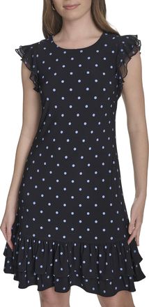 Tommy Hilfiger Womens Sleeveless Round Neck Ruffle Trim Mini Dress, Sky Captain/French Blue, 14