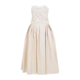 Elisabetta Franchi Party Dresses, female, Beige, Size: XS Ottoman Dress with 3D Floral Embroidery
