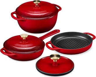 Best Choice Products 6-Piece Enameled Cast Iron Cookware Set, 6QT Dutch Oven W/ Lid, 2QT Skillet W/ Lid, Grill Pan, Grill Press