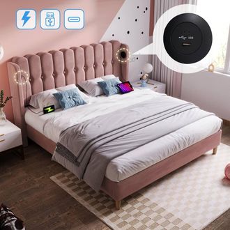 Matteo Pink Velvet Upholstered Double Bed with USB & Type-C Charging