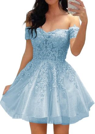 Generic Lace Applique Tulle Homecoming Prom Evening Dress for Teens Girls Off Shoulder Backless A-Line Short Cocktail Party Gown Lavender 6