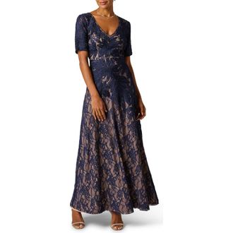 Adrianna Papell Soutache Lace Gown in Navy/Nude at Nordstrom, Size 10