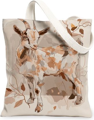 Generic Autumn Goat Canvas Tote Bags, Rustic Animal Nature Design Reusable Grocery Bags, Lightweight Washable Shoulder Strap Canvas, Beige, 13x15 Inch
