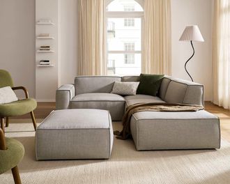 Castlery Jonathan Side Chaise Sectional Sofa Right Facing with Ottoman, Performance Twill Dove Grey, Modular, Low-Profile, Castlery