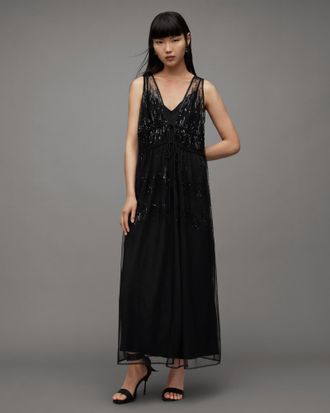 AllSaints Womens Polyester Robyn Embellished Sequin Maxi Dress, Size: 6