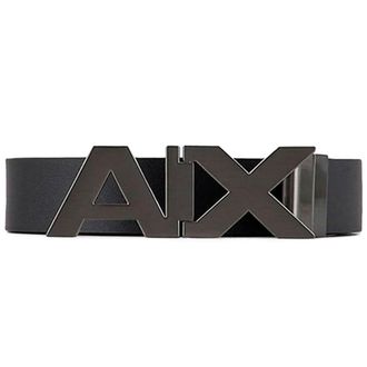 A|X Armani Exchange Mens Leather Wide Logo Belt Buckle, Black (Black/Phantom 43120), 28