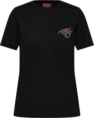 Diesel Tops, Dames, Zwart, M, Katoen, T-Reg-S1 Logo Rose Graphic T-Shirt