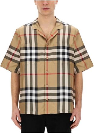 Burberry Shirt met ruitprint en camp collar- korte mouwen - Heren - Korte mouwen Overhemden - Beige - L - Overhemden