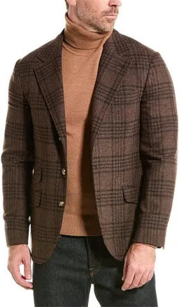 Brunello Cucinelli MenS Coffee Wool Silk Blend Checked Blazer, Size 44