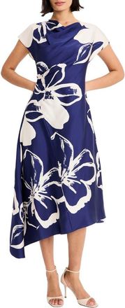 Maggy London Asymmetric Hem Midi Dress in Navy/Cream at Nordstrom, Size 14