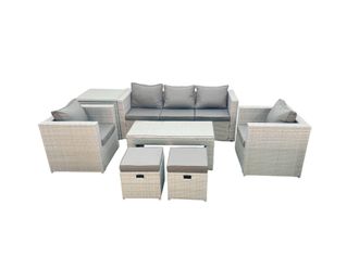 Fimous Rattan Garden Furniture Set 7 Seater Outdoor Garden Sofa Oblong Coffee Table Set with 2 Chairs 2 Stools Side Table Light Grey Mixed