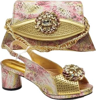 Generic Womens Luxury Shoe and Bag Set Thick Heel Shoes and Gold Chain Handbag Sparkly Rhinestone Flowers Mesh Decoration