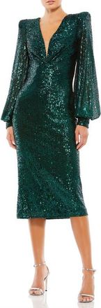 Mac Duggal Sequined Structured Bishop Sleeve Midi Dress in Black Emerald at Nordstrom, Size 10