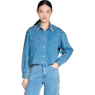 Sandro Denim shirt with rhinestones in Blue Jean at Nordstrom, Size X-Small