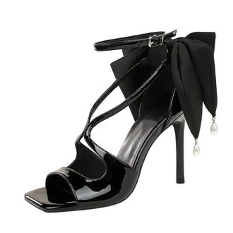 Generic Heel Sandals for Women Open Toe Stiletto High Heel Sexy 10CM Openwork Bow Pearl Pump Party Dress Heel (6.5)