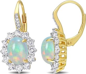Amour 1 3/4 CT TGW Oval Shape Blue Ethiopian Opal and White Topaz and Diamond Accent Halo Leverback Earrings In Yellow Plated Sterling Silver