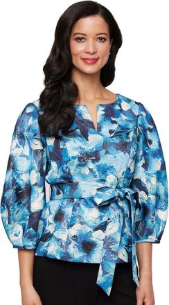 Alex Evenings Top Womens Blue Multi Floral Tie Waist 3/4 Sleeve Blouse PALL106