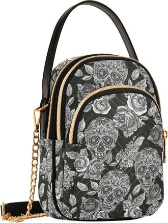 Alaza Crossbody Bags for Women, Womens Crossbody Sling Bags Black and Grey Skull Quilted Crossbody Bags Trendy Handbags Travel Cell Phone Purses Bags Wallet