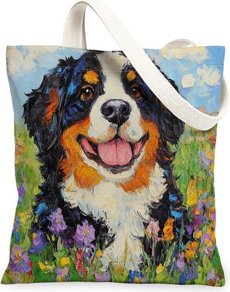 Generic Spring Bernese Mountain Dog Canvas Tote Bag for Shopping 13x15, Oil Painting Wildflower Puppy Reusable Grocery Print Pattern Bag for Women, Fun Pet Be
