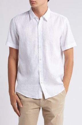 BOSS Roan Short Sleeve Stretch Linen Blend Button-Up Shirt in Wht at Nordstrom Rack, Size Xx-Large
