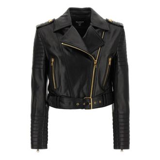 Balmain Biker Crop Leren Jas - Dames - Leren en Su&egrave;de Jassen - Zwart - XS - Leer - Jassen