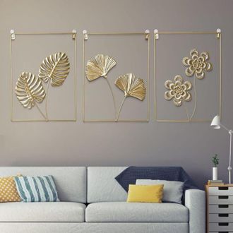 OEM Escultura Murale Hoja De Ginkgo Biloba - Metal - 30x40 Cm - Dorada - Para Salon Oficina Habitacion - Pack De 3