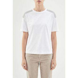 Brunello Cucinelli White Short-Sleeve Shirt With Striped Shoulders, Size XXL