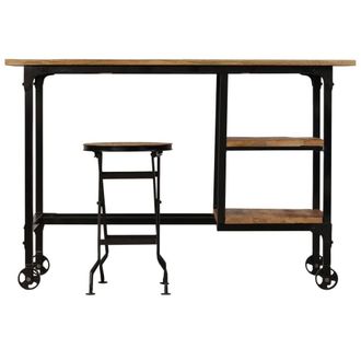 Berkfield Home Desk with Folding Stool Solid Mango Wood 115x50x76 cm in Brown | Size: 115 x 50 x 76 cm