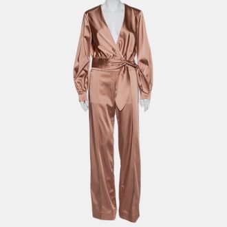 Jonathan Simkhai Jonathan Simkhai Salmon Pink Crepe Satin Wrap Crop Top & Wide Leg Track Pants Set