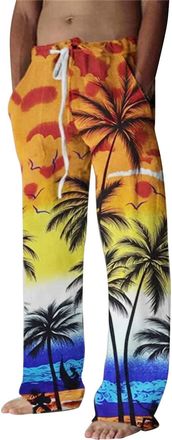 Generic Mens Linen Trousers Loose Fit Cotton Jogging Bottoms Summer Beach Pants with Pockets Cotton Linen Trouser Straight Legs Trousers with Adjustable Draws