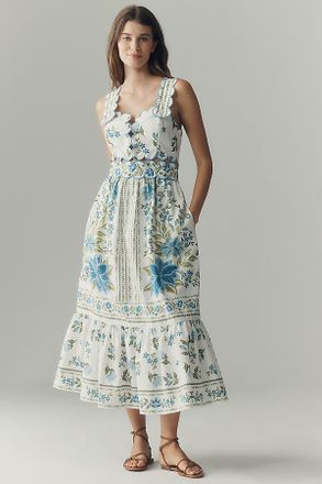 Farm Rio x Anthropologie Sleeveless Scallop-Trim Printed Midi Dress